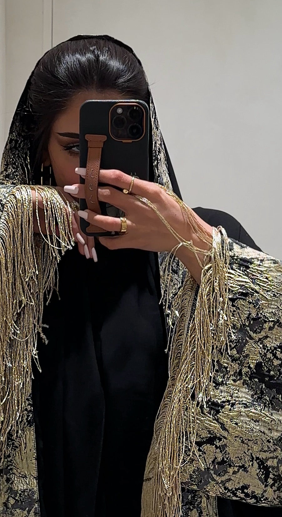 DHAHAB - Black Abaya Dress with Gold Embroidery and Fringe Detailing