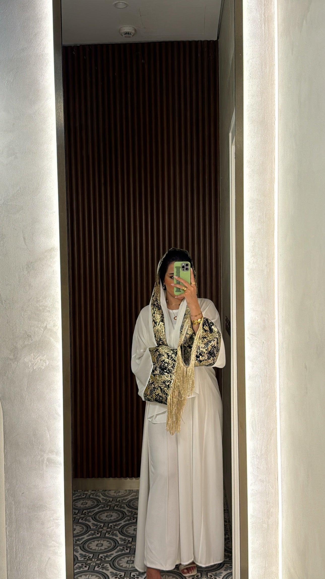 DHAHAB - White Abaya Dress with Gold Embroidery and Fringe Detailing