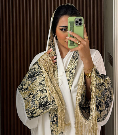 DHAHAB - White Abaya Dress with Gold Embroidery and Fringe Detailing